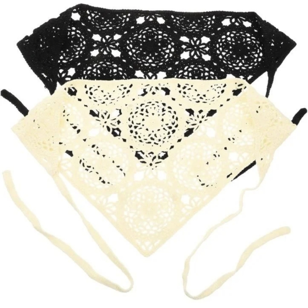 NEW 2pcs Floral Crochet Bandana Set, Black and Cream Cotton Blend